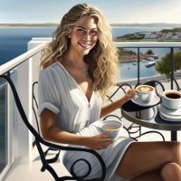 A photorealistic image of a beautiful young woman sitting in a chair on a private terrace, glass and steel railings, a wide view over a bay, a cup of coffee and a plate with one cookie on the table, long dark blond wavy hair, full body portrait from feet and up, side view, looking into the camera, happy and smiling, white sandals, necklace, looking at the camera, white floral low low-cut dress with thin shoulder straps, low sun, beautiful orange sunset, sunstar, scattered clouds, fill-in flash, wide angle lens and deep depth of field, --no cartoon, comic, artistic --ar 16:9 --style raw --stylize