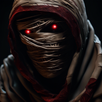 Create a hyperrealistic and cinematic close-up image of a mummy-like figure's face with its head wrapped in inscribed bandages and covered with a black cashmere hood. The bandages should have detailed textures resembling threads and frays, and be slightly aged. The figure should have intense detailed red eyes peering through openings in the bandages, set against a dark background to accentuate its features. Use dramatic lighting from above or the side to create deep shadows and highlights, with a focus on the face and eyes. The camera's aperture should be adjusted to allow some depth of field effect, with exposure levels set to ensure bright highlights and deep shadows that retain details. The inscriptions on the bandages should appear ancient or cryptic, adding  element of mystery.