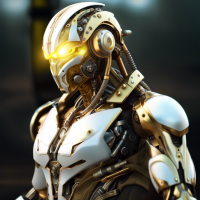 A hyper-realistic image capturing a translucid glowing highly detailed male cyborg, matte yellow helmet with intricate mechanical details, with a copper and steel humanoid physique that shows off the detailed skinny structure, white iridescent paint and pearlized white metal armor top and bottom, squatting and focusing intensely to the front, The environment is a desolate, dark country scene, under a stormy sky. This moment is frozen with a high f-stop, capturing every detail sharply, from the head to toe. Wide-angle lens effect, dramatic storm lighting, high clarity, meticulous detail in costume and expression, expansive landscape, cinematic storytelling, intense eye contact, hyper-realism, epic scale