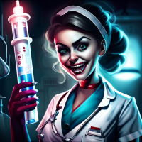 Create me a realistic scene, an photorealistic picture, nurse holding a large large syringe, has liquid,, evil smile, big teeth, wide eyes, white gloves, hospital background, intricate details, dark lights, shadows, effects.